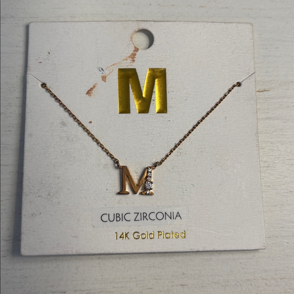14k Gold Plated M Initial necklace gold Tone CZ Francesca New
